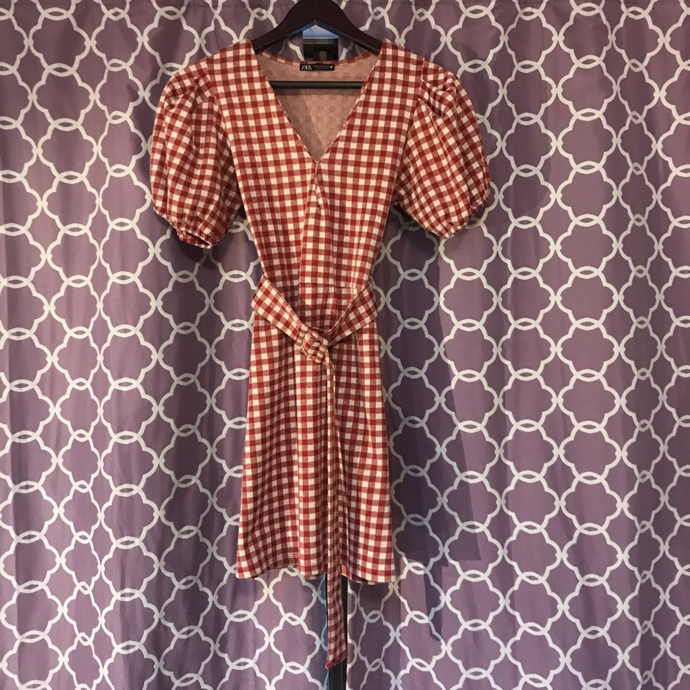 zara belted gingham mini dress